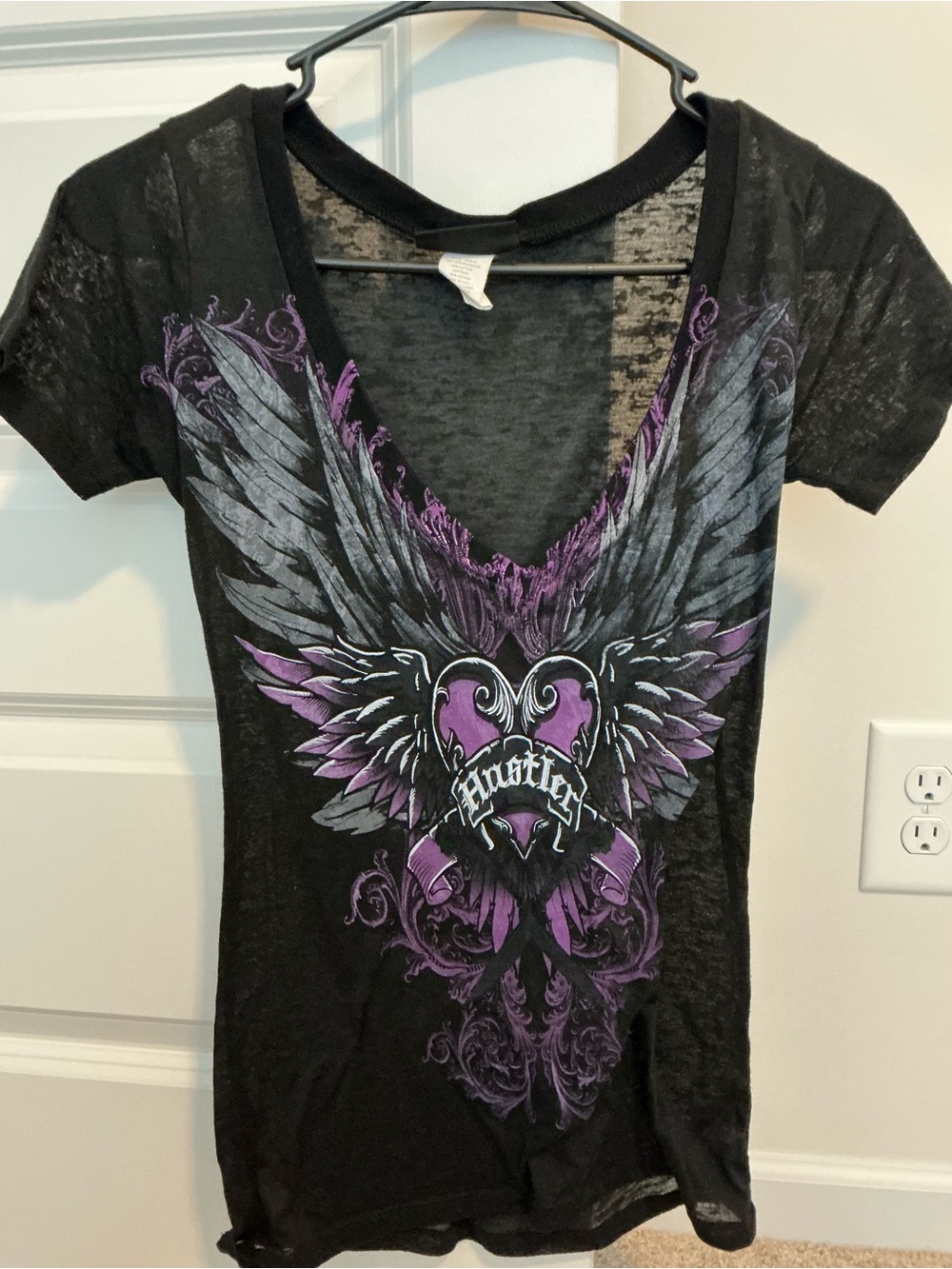 Hustler Hollywood Black V-Neck Tee with Purple and Gray Winged Heart